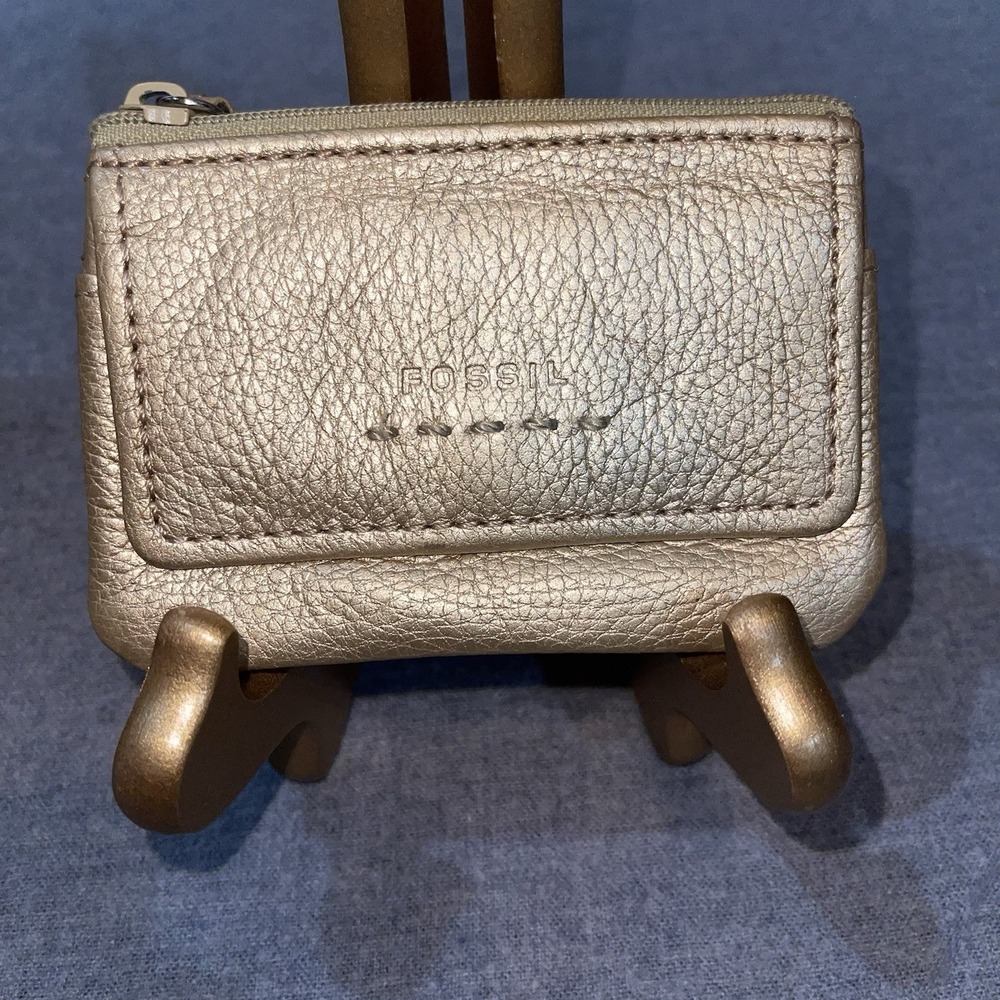 Fossil Metallic Gold Leather Credit Card ID Wallet Coin Purse Mini